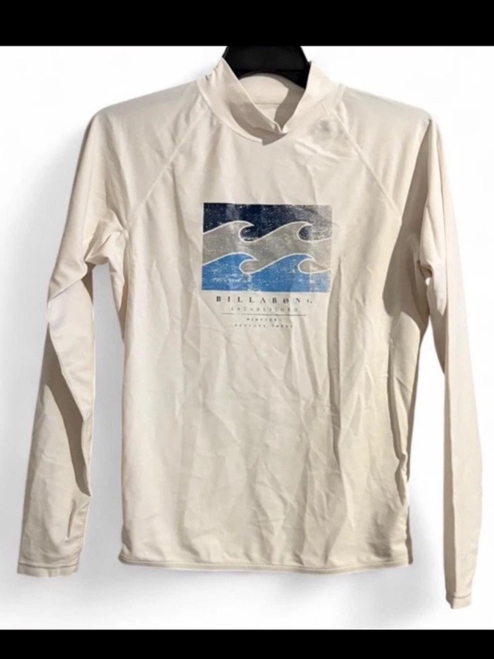 Billabong Men's Cream Long Sleeve Rash Guard with Blue Wave Graphic